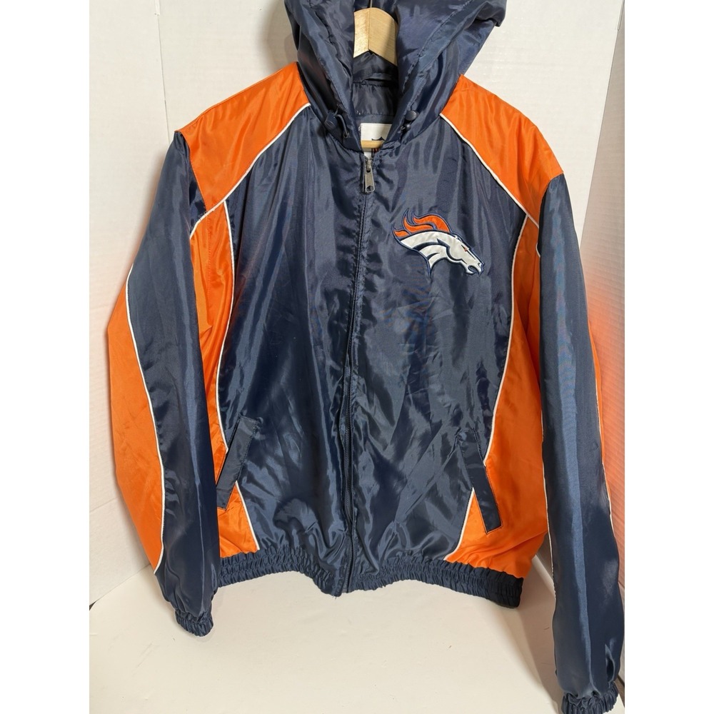 Denver Broncos Jacket Mens XL NFL Blue Hooded Full Zip Quilt Lined  Coat